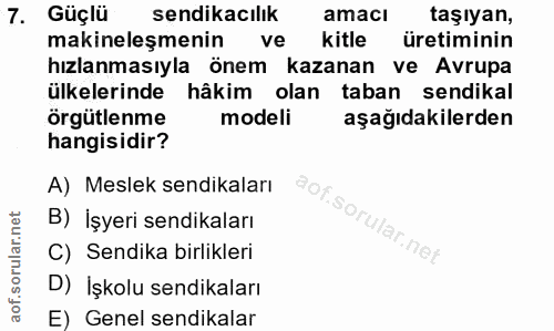 7. soru: Güçlü sendikacılık amaci taşıyan, makineleşmenin ve l kitle üretiminin hızlanmasıyla önem kazanan ve Avrupa ülkelerin…