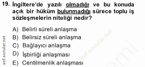 19. soru: Ingiltere'de yazılı olmadığı ve bu konuda açık bir hüküm bulunmadığı sürece toplu iş sözleşmelerin niteliği nedir? A)…