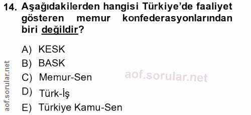 14. soru: Aşağıdakilerden hangisi Türkiye'de faaliyet gösteren memur konfederasyonlarından biri değildir? A) KESK B) BASK C) Me…