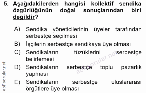 5. soru: Aşağıdakilerden hangisi kollektif sendika özgürlüğünün doğal sonuçlarından biri değildir? A) Sendika yöneticilerinin…