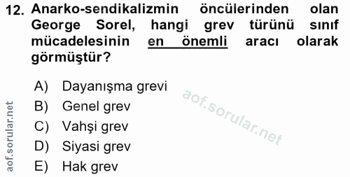 12. soru: Anarko-sendikalizmin öncülerinden olan George Sorel, hangi grev türünü sinıf mücadelesinin en önemli aracı olarak gör…