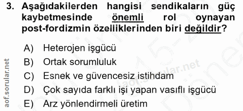 3. soru: Aşağıdakilerden hangisi sendikaların güç kaybetmesinde önemli rol oynayan post-fordizmin özelliklerinden biri değildi…