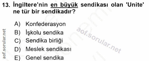 13. soru: Ingiltere'nin en büyük sendikası olan "Unite' ne tür bir sendikadır? A) Konfederasyon B) Işkolu sendika C) Sendika bi…