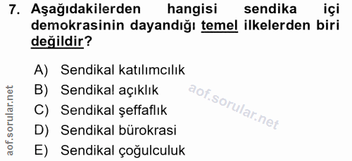 7. soru: Aşağıdakilerden hangisi sendika içi demokrasinin dayandığı temel ilkelerden biri değildir? A) Sendikal katılımcılık B…