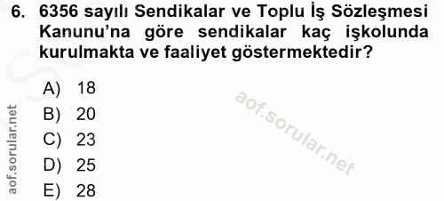 6. soru: 6356 sayılı Sendikalar ve Toplu İş Sözleşmesi Kanunu'na göre sendikalar kaç işkolunda kurulmakta ve faaliyet gösterme…