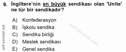 9. soru: Ingiltere'nin en büyük sendikası olan 'Unite' ne tür bir sendikadır? A) Konfederasyon Işkolu sendika C) Sendika birli…