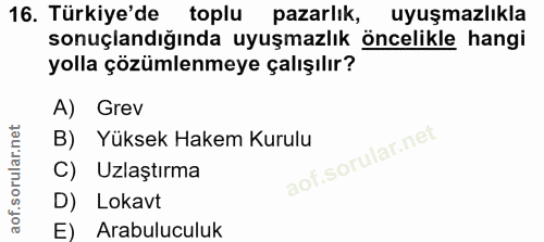 16. soru: Türkiye'de toplu pazarlık, uyuşmazlıkla sonuçlandığında uyuşmazlık : öncelikle hangi yolla çözümlenmeye çalışılır? A)…