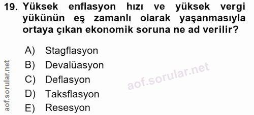19. soru: Yüksek enflasyon hızı ve yüksek vergi yükünün eş zamanlı olarak yaşanmasıyla ortaya çıkan ekonomik soruna ne ad veril…