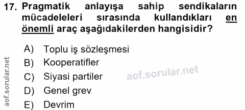 17. soru: Pragmatik anlayışa sahip sendikaların mücadeleleri sirasında kullandıkları en önemli araç aşağıdakilerden hangisidir?…
