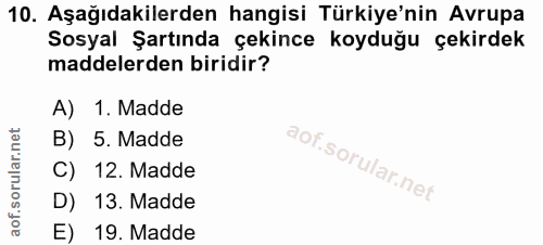 10. soru: Aşağıdakilerden hangisi Türkiye'nin Avrupa Sosyal Şartında çekince koyduğu çekirdek maddelerden biridir? A) 1. Madde…