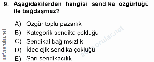 9. soru: Aşağıdakilerden hangisi sendika özgürlüğü ile bağdaşmaz? A) Özgür toplu pazarlık B) Kategorik sendika çokluğu C) Send…