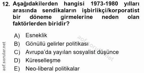 12. soru: Aşağıdakilerden hangisi 1973-1980 yılları arasında sendikaların işbirlikçi/korporatist bir döneme girmelerine neden o…