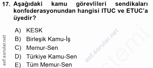 17. soru: Aşağıdaki kamu görevlileri sendikaları konfederasyonundan hangisi ITUC ve ETUC'a üyedir? A) KESK B) Birleşik Kamu-iş…