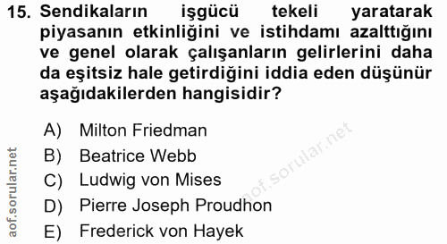 15. soru: Sendikaların işgücü tekeli yaratarak piyasanın etkinliğini ve istihdamı azalttığını ve genel olarak çalışanların geli…