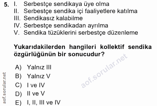 5. soru: 1. Serbestçe sendikaya üye olma II. Serbestçe sendika içi faaliyetlere katılma IlI. Sendikasız kalabilme IV. Serbestç…