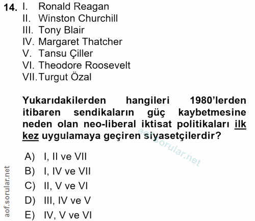 14. soru: I. Ronald Reagan II. Winston Churchill III. Tony Blair IV. Margaret Thatcher V. Tansu Çiller VI. Theodore Roosevelt V…