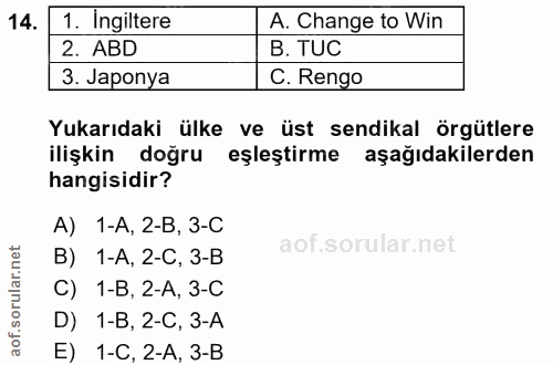 14. soru: 1. Ingiltere A. Change to Win 2. ABD B. TUC 3. Japonya C. Rengo Yukarıdaki ülke ve üst sendikal örgütlere ilişkin doğ…