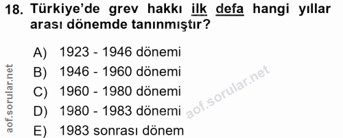 18. soru: Türkiye'de grev hakkı ilk defa hangi yıllar arası dönemde tanınmıştır? A) 1923 - 1946 dönemi B) 1946 - 1960 dönemi C)…