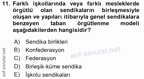 11. soru: Farklı işkollarında veya farklı mesleklerde örgütlü olan sendikaların birleşmesiyle oluşan ve yapıları itibarıyla gen…