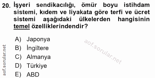 20. soru: İşyeri sendikacılığı, ömür boyu istihdam sistemi, kıdem ve liyakata göre terfi ve ücret sistemi aşağıdaki ülkelerden…
