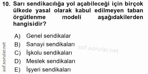 10. soru: Sarı sendikacılığa yol açabileceği için birçok ülkede yasal olarak kabul edilmeyen taban örgütlenme modeli aşağıdakil…