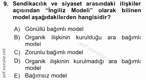 9. soru: Sendikacılık ve siyaset arasındaki ilişkiler açısından "İngiliz Modeli" olarak bilinen model aşağıdakilerden hangisid…