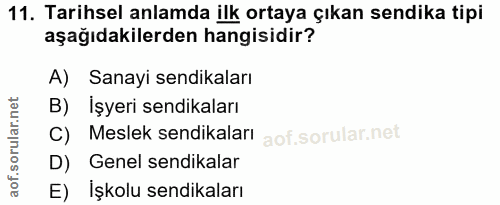 11. soru: Tarihsel anlamda ilk ortaya çıkan sendika tipi aşağıdakilerden hangisidir? A) Sanayi sendikaları B) Işyeri sendikalar…