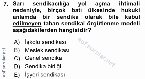 7. soru: Sarı sendikacılığa yol açma ihtimali nedeniyle, birçok batı ülkesinde hukuki anlamda bir sendika olarak bile kabul ed…