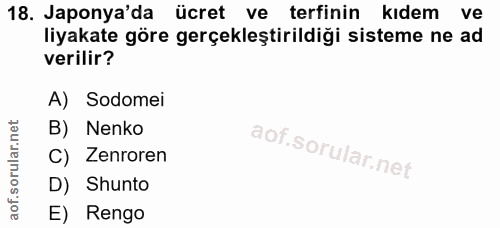 18. soru: Japonya'da ücret ve tefinin kıdem ve liyakate göre gerçekleştirildiği sisteme ne ad verilir? A) Sodomei B) Nenko C) Z…