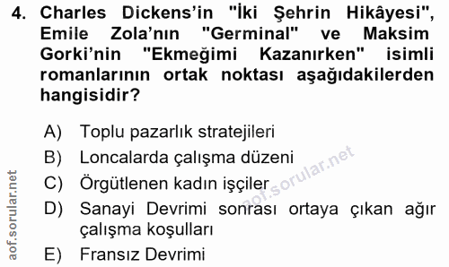 4. soru: Charles Dikens'in "İki Şehrin Hikâyesi", Emile Zola'nın "Germinal" ve Maksim Gorki'nin "Ekmeğimi Kazanırken" isimli r…