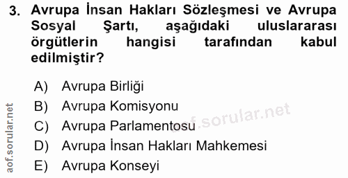 3. soru: Avrupa İnsan Hakları Sözleşmesi ve Avrupa Sosyal Şartı, aşağıdaki uluslararası örgütlerin hangisi tarafindan kabul ed…