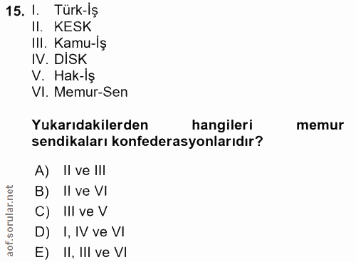 15. soru: I. Türk-Iş Il. KESK III. Kamu-iş IV. DISK V. Hak-lş VI. Memur-Sen Yukarıdakilerden hangileri memur sendikaları konfed…