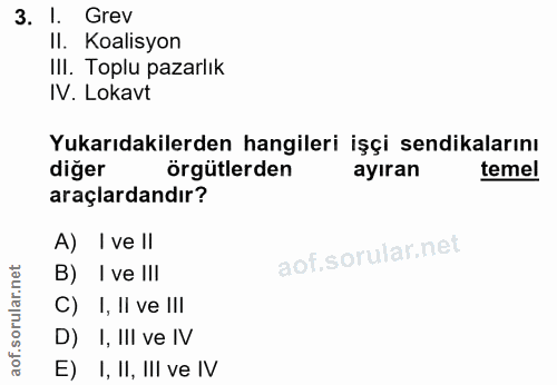 3. soru: l. Grev II. Koalisyon IlI. Toplu pazarlık IV. Lokavt Yukarıdakilerden hangileri işçi sendikalarını diger örgütlerden…