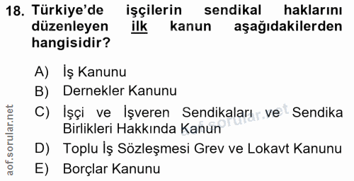 18. soru: Türkiye'de işçilerin sendikal haklarını düzenleyen ilk kanun aşağıdakilerden hangisidir? A) İş Kanunu B) Dernekler Ka…