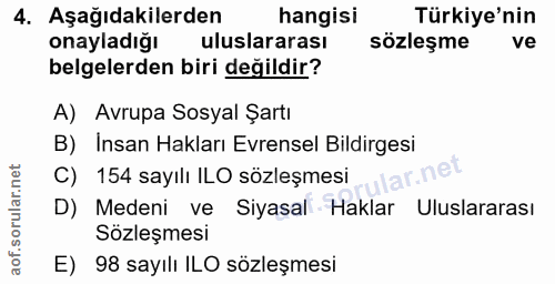 4. soru: Aşağıdakilerden hangisi Türkiye'nin onayladığı uluslararası sözleşme ve belgelerden biri değildir? A) Avrupa Sosyal Ş…