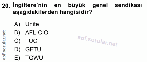 20. soru: İngiltere'nin en büyük genel sendikası aşağıdakilerden hangisidir? A) Unite B) AFL-CIO C) TUC D) GFTU E) TGWU
