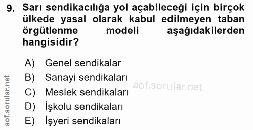 9. soru: Sarı sendikacılığa yol açabileceği için birçok ülkede yasal olarak kabul edilmeyen taban örgütlenme modeli aşağıdakil…