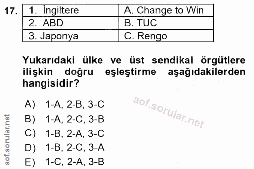 17. soru: 1. Ingiltere A. Change to Win 2. ABD B. TUC 3. Japonya C. Rengo Yukarıdaki ülke ve üst sendikal örgütlere ilişkin doğ…