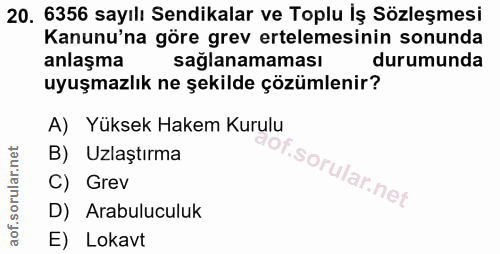 20. soru: 6356 sayılı Sendikalar ve Toplu İş Sözleşmesi Kanunu'na göre grev ertelemesinin sonunda anlaşma sağlanamaması durumun…