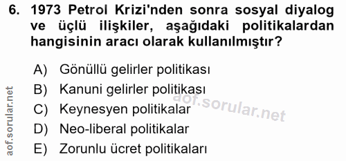 6. soru: 1973 Petrol Krizi'nden sonra sosyal diyalog ve üçlü ilişkiler, aşağıdaki politikalardan hangisinin aracı olarak kulla…