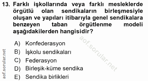 13. soru: Farklı işkollarında veya farklı mesleklerde örgütlü olan sendikaların birleşmesiyle oluşan ve yapıları itibarıyla gen…