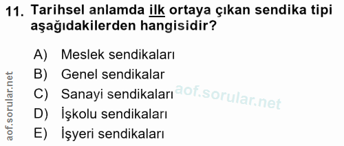 11. soru: Tarihsel anlamda ilk ortaya çıkan sendika tipi aşağıdakilerden hangisidir? A) Meslek sendikaları Genel sendikalar c)…
