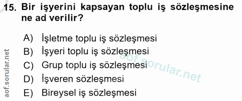 15. soru: Bir işyerini kapsayan toplu iş sözleşmesine ne ad verilir? A) İşletme toplu iş sözleşmesi B) İşyeri toplu iş sözleşme…