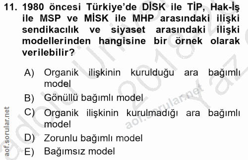 11. soru: 1980 öncesi Türkiye'de DISK ile TİP, Hak-İş ile MSP ve MISK ile MHP arasındaki ilişki sendikacılık ve siyaset arasınd…