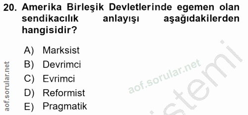 20. soru: Amerika Birleşik Devletlerinde egemen olan sendikacılık anlayışı aşağıdakilerden hangisidir? A) Marksist B) Devrimci…