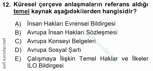12. soru: Küresel çerçeve anlaşmaların referans aldığı temel kaynak aşağıdakilerden hangisidir? A) Insan Hakları Evrensel Bildi…