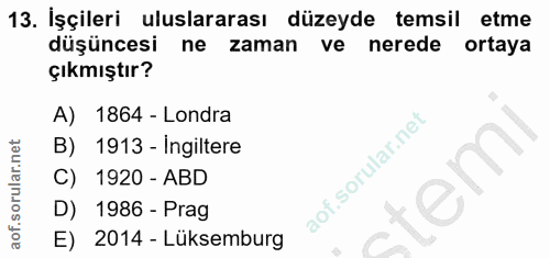 13. soru: İşçileri uluslararası düzeyde temsil etme düşüncesi ne zaman ve nerede ortaya çıkmıştır? A) 1864 - Londra B) 1913 - I…