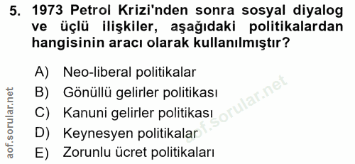 5. soru: 1973 Petrol Krizi'nden sonra sosyal diyalog ve üçlü ilişkiler, aşağıdaki politikalardan hangisinin aracı olarak kulla…