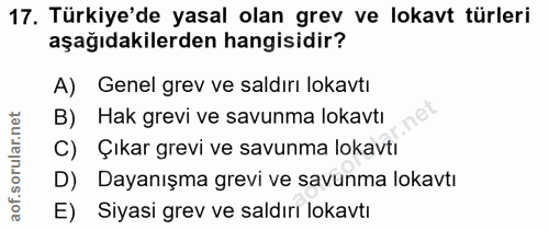 17. soru: Türkiye'de yasal olan grev ve lokavt türleri aşağıdakilerden hangisidir? A) Genel grev ve saldırı lokavtı B) Hak grev…