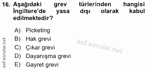 16. soru: Aşağıdaki grev türlerinden hangisi Ingiltere'de yasa dışı olarak kabul edilmektedir? A) Picketing B) Hak grevi C) Çık…